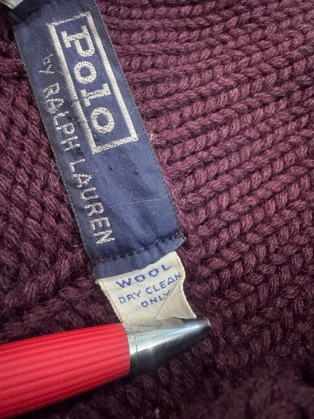 VTG 90s Polo Ralph Lauren cable knit chunky wool cardigan sweater burgundy 42 M